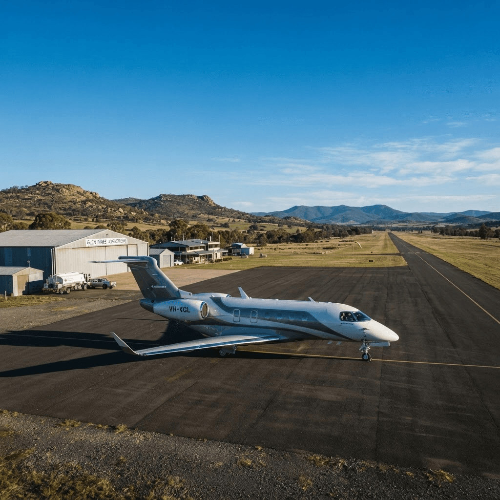 Dassault Falcon on a highland runway at dawn with misty valleys
