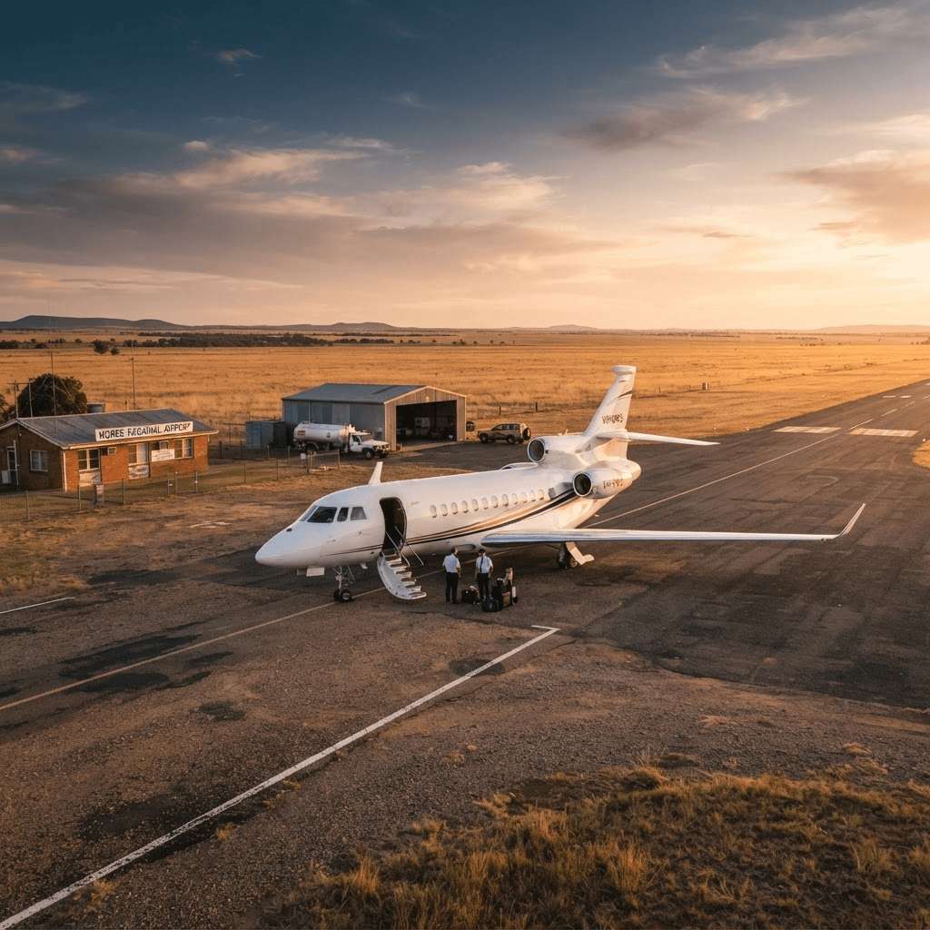 Dassault Falcon silhouetted against dramatic outback sunset at Moree