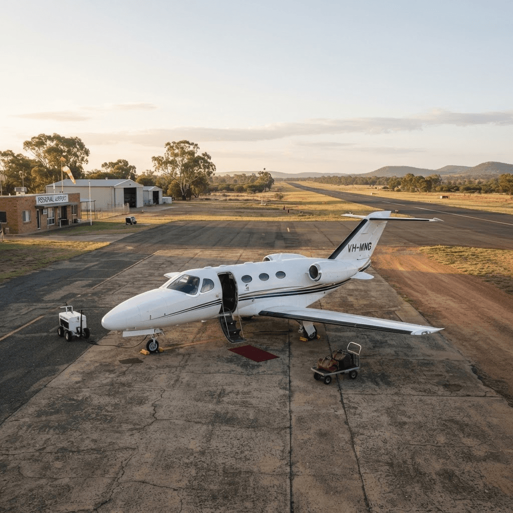 Dassault Falcon 900 on a coastal Australian runway at dusk
