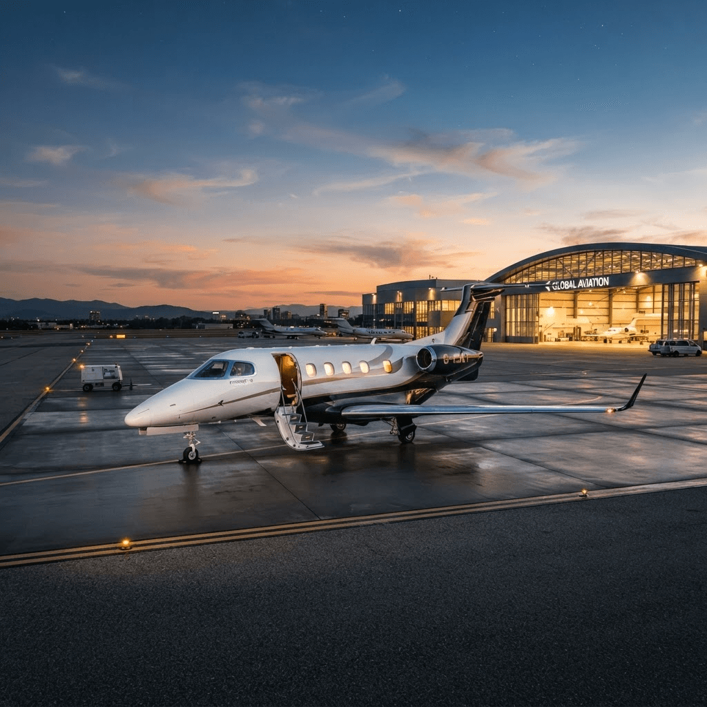 Dassault Falcon 2000 on wet tarmac with city skyline at night