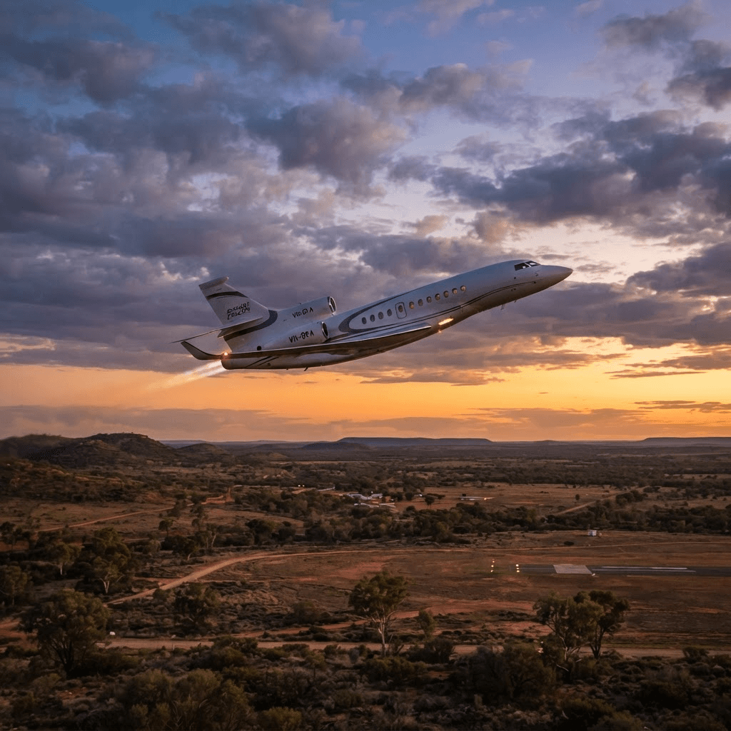 Dassault Falcon 8X in flight over the Australian eastern seaboard at twilight