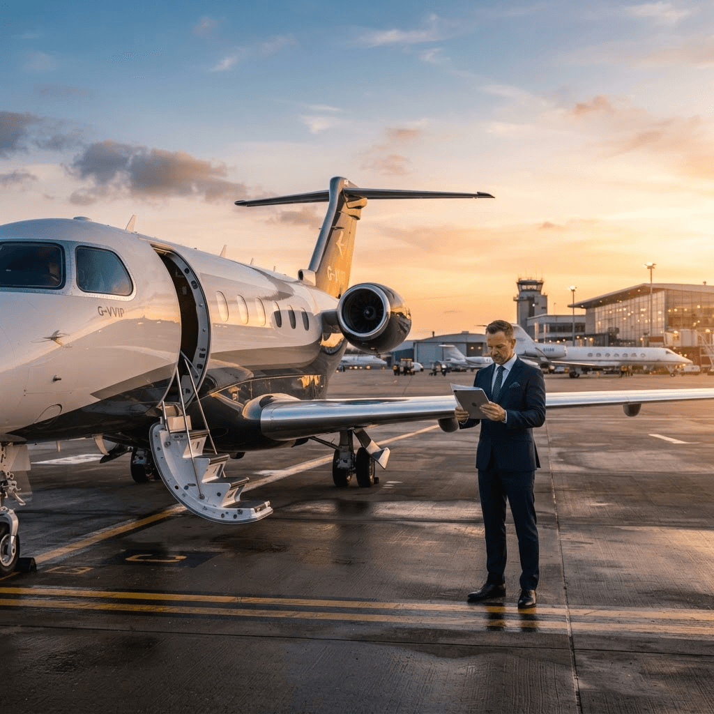 Dassault Falcon 8X on corporate tarmac at twilight