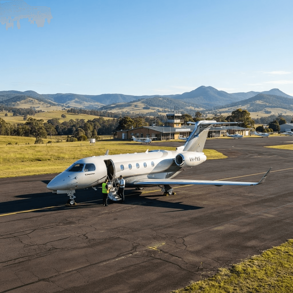 Dassault Falcon on a misty highland runway at dawn near Armidale