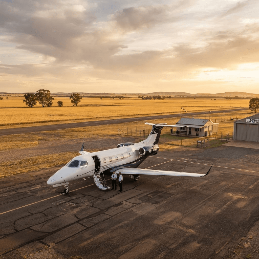 Dassault Falcon on a regional airstrip at sunset with vast agricultural plains