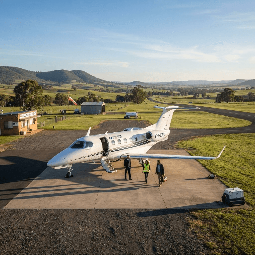 Dassault Falcon on a quiet regional runway with rolling highlands behind