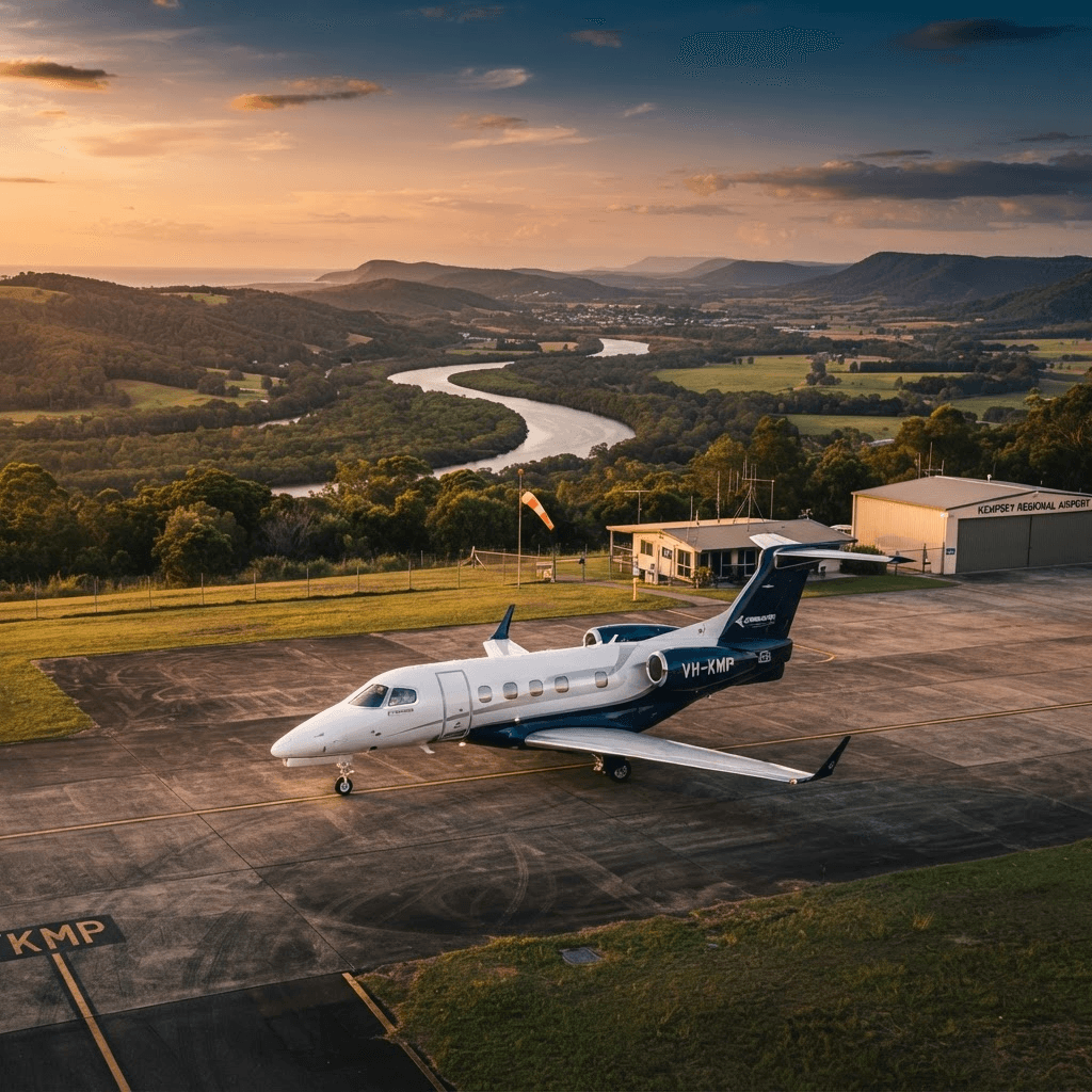 Dassault Falcon on a coastal regional runway with Macleay Valley at dusk