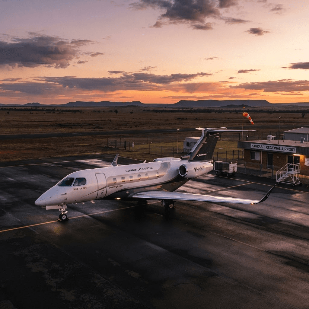 Dassault Falcon taxiing on a regional airstrip at dusk with cotton fields behind
