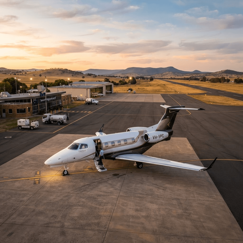 Dassault Falcon on a regional runway with rolling farmland at golden hour