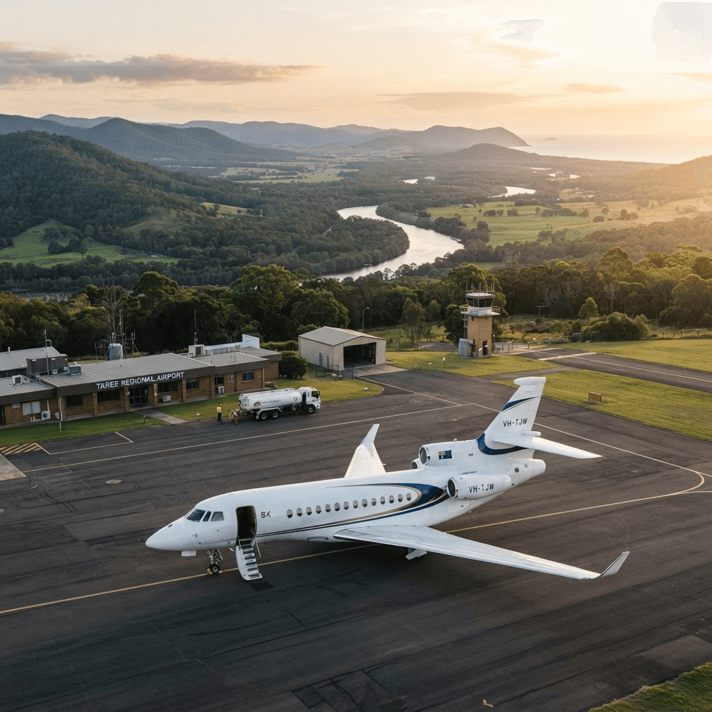 Dassault Falcon flying over the Manning River and lush hinterland at golden hour