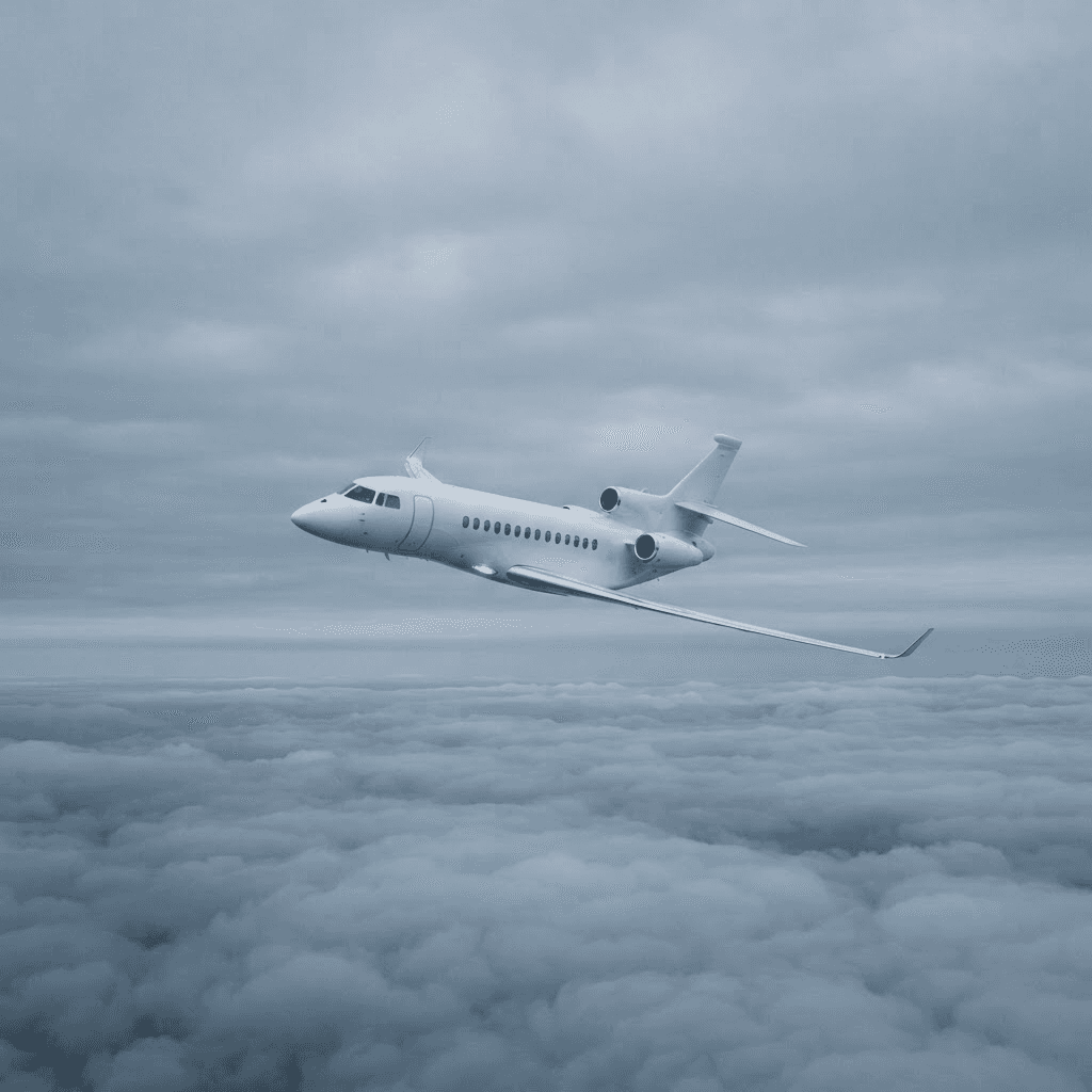 Dassault Falcon business jet in flight above the clouds with clear sky around it