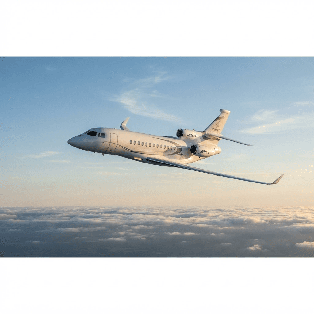 Dassault Falcon 8X business jet in flight against a clear sky